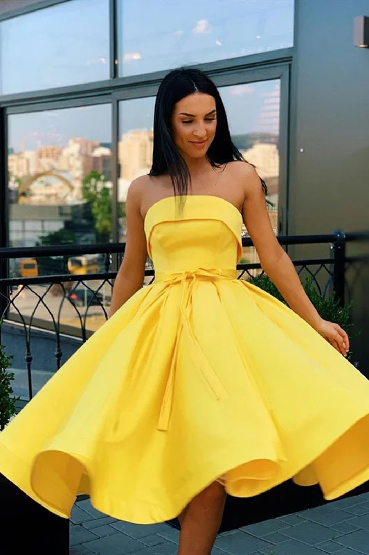 Strapless Yellow Satin Short Prom Dresses, Yellow Homecoming Dresses, Short Yellow Formal Dresses