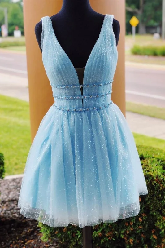 V Neck and V Back Blue Beaded Short Prom Homecoming Dresses, V Neck Blue Formal Graduation Evening Dresses