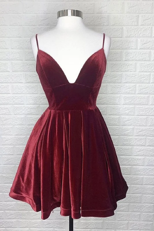 V Neck Backless Burgundy Velvet Short Prom Dresses, Backless Burgundy Homecoming Dresses, Burgundy Formal Evening Dresses