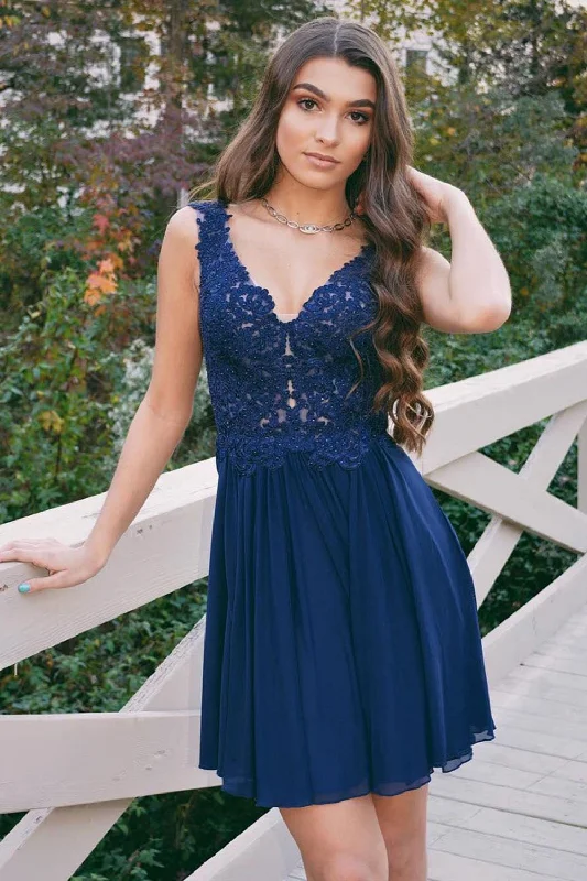 V Neck Navy Blue Lace Short Prom Dresses, Navy Blue Lace Homecoming Dresses, Navy Blue Formal Graduation Evening Dresses