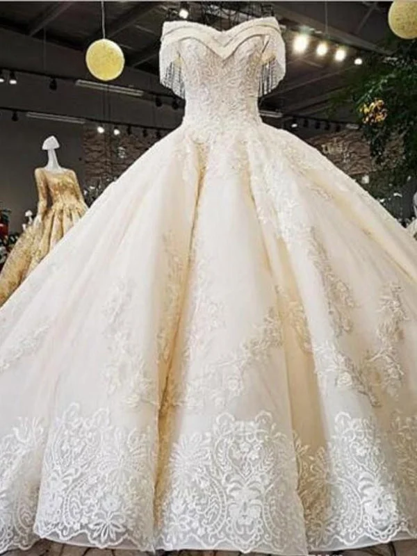 V-Neck Off-the-Shoulder Ball Gown Wedding Dresses Beaded Appliques