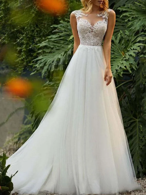 Wedding Dresses 2021 A Line Illusion Neck Sleeveless Floor Length Lace Beaded Tulle Boho Bridal Gowns