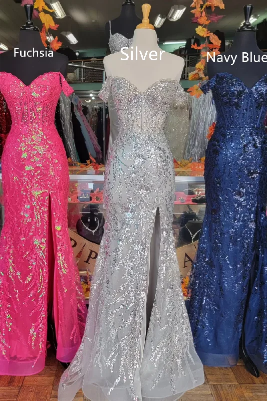 Structured Evening Gown Fuchsia Off-Shoulder Sequined Floral Mermaid Long Prom Dress with Slit,DP04 Structured Evening Gown Fuchsia Off-Shoulder Sequined Floral Mermaid Long Prom Dress with Slit,DP04