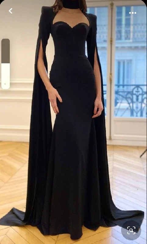 Exquisite Couture Dress Long a-line black cape dress, black evening gown with cape,DS4535 Exquisite Couture Dress Long a-line black cape dress, black evening gown with cape,DS4535