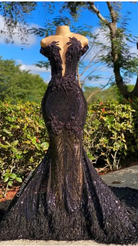 Silk Ball Gown Mermaid Sequin Black Girl Long Prom Dress,CD3155