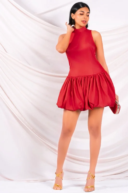 Red High Neck Puff Mini Dress