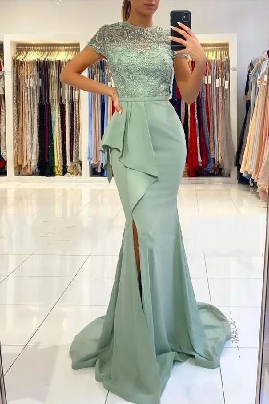 Simple Chiffon Dress Short Sleeve Lace Mermaid Long Prom Dress Formal Party Dress with Slit,DP619