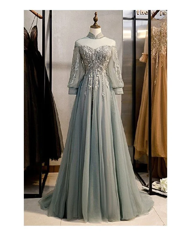 Showstopper Dress Long Sleeves Tulle A-Line Floor-Length Sequins Evening Gown Long Prom Dress,DP573 Showstopper Dress Long Sleeves Tulle A-Line Floor-Length Sequins Evening Gown Long Prom Dress,DP573