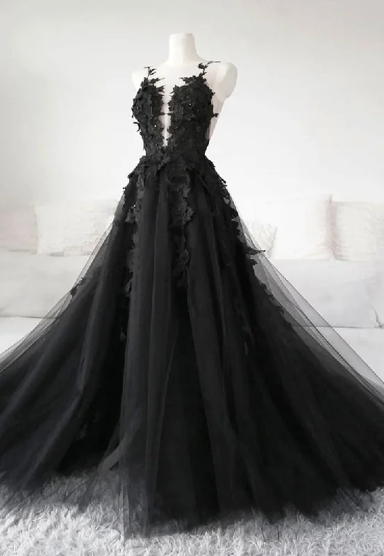 Romantic Evening Gown Black Tulle Lace Long Prom Dress Formal Party Dress Graduation Dress,DP586