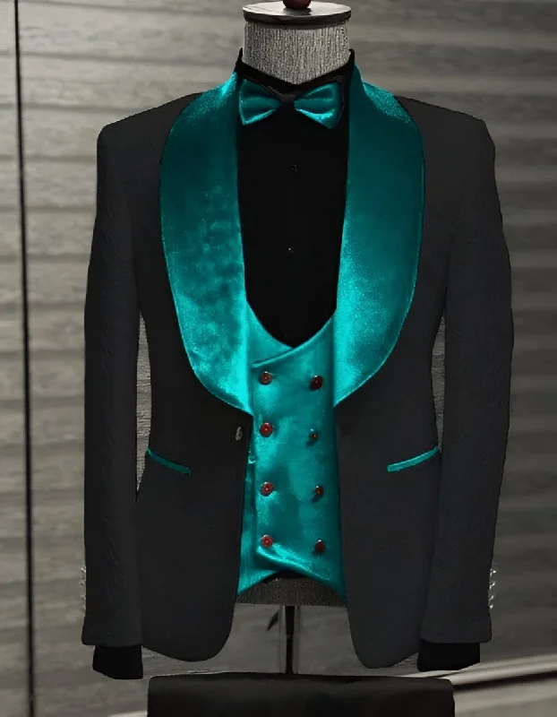 Black and Teal Blue Tuxedo - Wedding Groom Suit + Bowtie & Vest