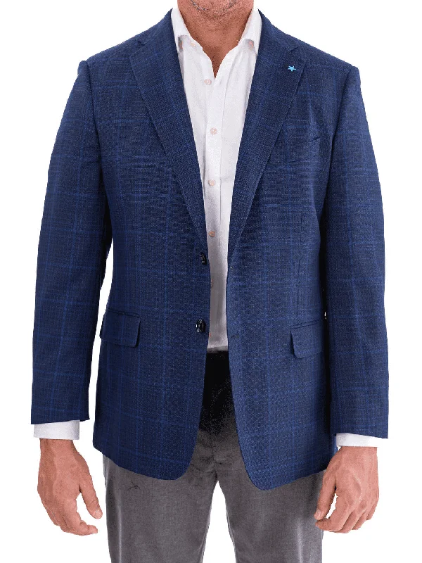 Blujacket Mens Blue Plaid Reda Wool Regular Fit 1/4 Lined Blazer Sportcoat