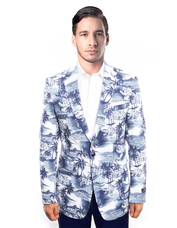 Mens Blue Tropical Print Blazer