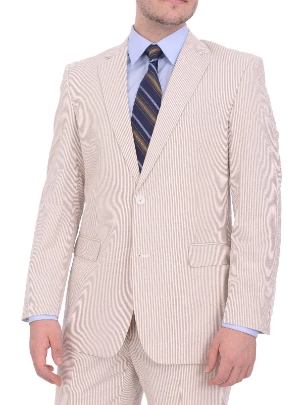 Emigre Classic Fit Tan Pinstriped Two Button Cotton Seersucker Blazer