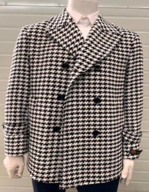 Houndstooth Overcoat - Houndstooth Topcoat - Houndstooth Checker Car Coat - Notch Lapel Black and White