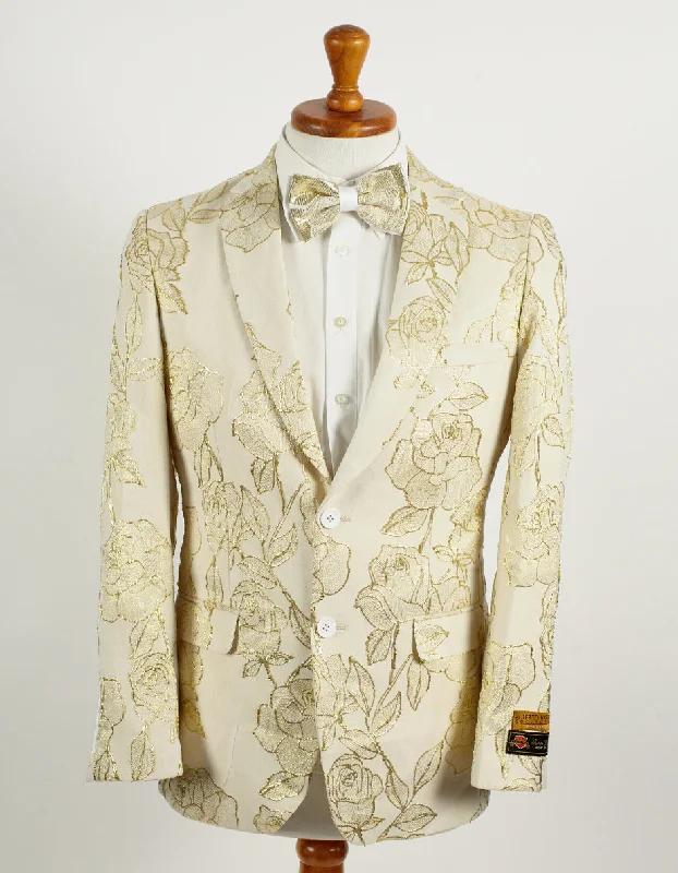 Mens 2 Button Ivory & Gold Foil Floral Paisley Prom & Wedding Blazer