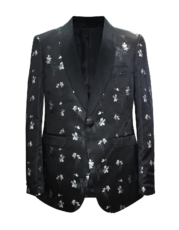 Mens Black & White Floating Flower Blazer