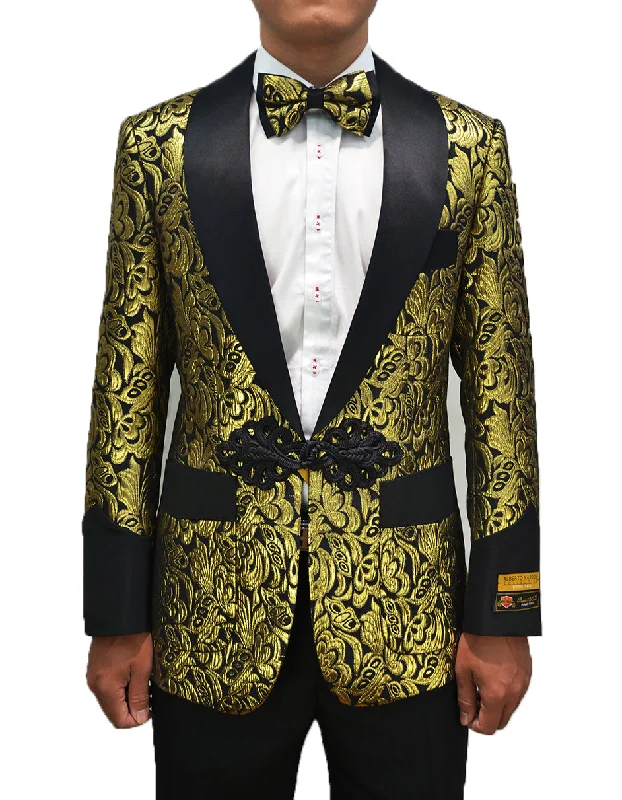 Mens Chinese Closure Smoking Jacket in Gold Paisley