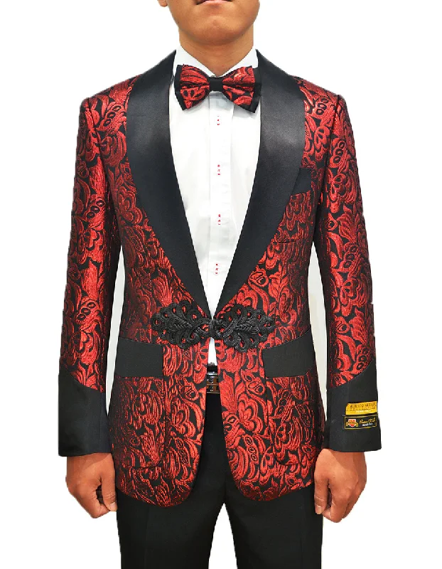 Mens Chinese Closure Smoking Jacket in Red Paisley