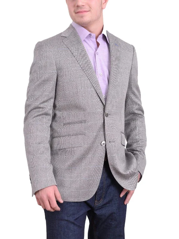 Mens Napoli Gray Herringbone Half Canvassed Wool Silk Blend Blazer Sportcoat