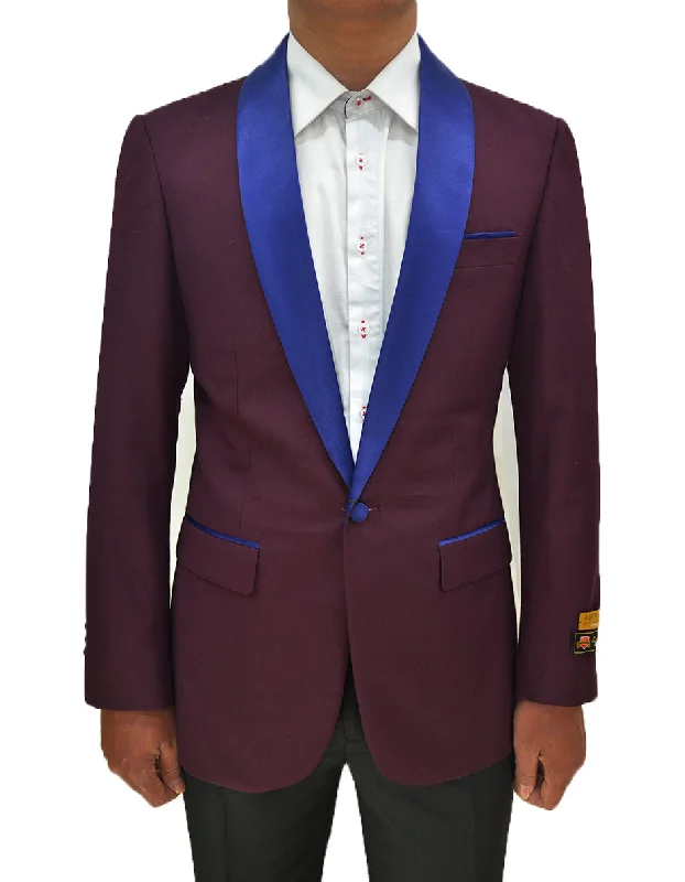 Mens One Button Contrast Shawl Collar Dinner Jacket Burgundy & Royal