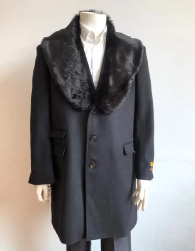 Mens Overcoat - Topcoat For Men - Winter Fabric -Mens Black Overcoat With Fur Collar For Sale