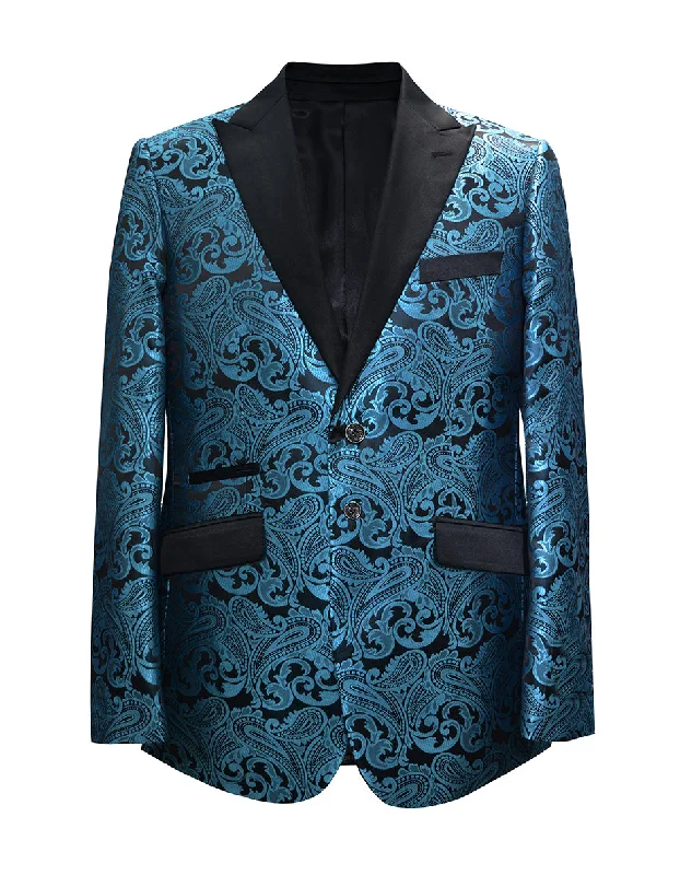 Mens Paisley Floral Tuxedo Jacket in Teal Blue & Black