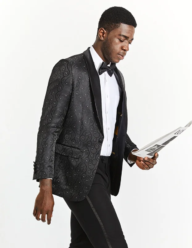 Mens Swirl and Diamond Prom Tuxedo Blazer in Black