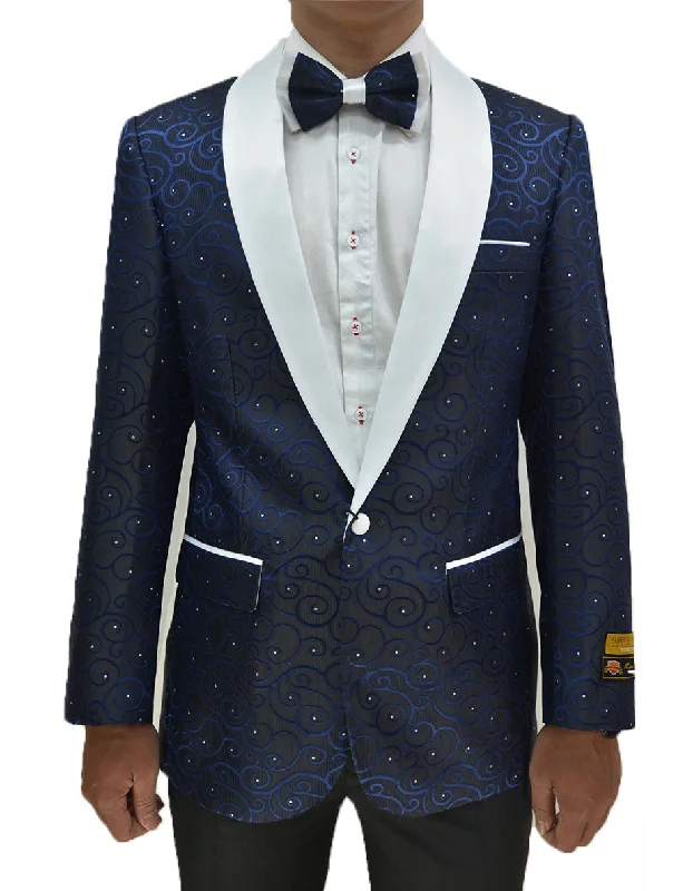 Mens Swirl & Diamond Pattern Tuxedo Jacket in Navy & White