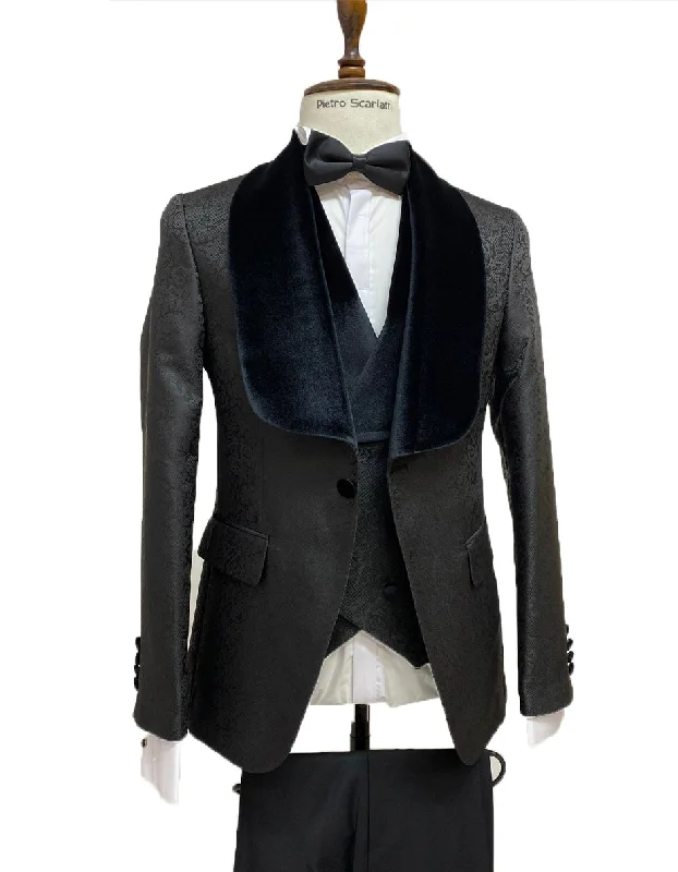 Mens Vested Designer Wide Velvet Shawl Tuxedo in Black Paisley