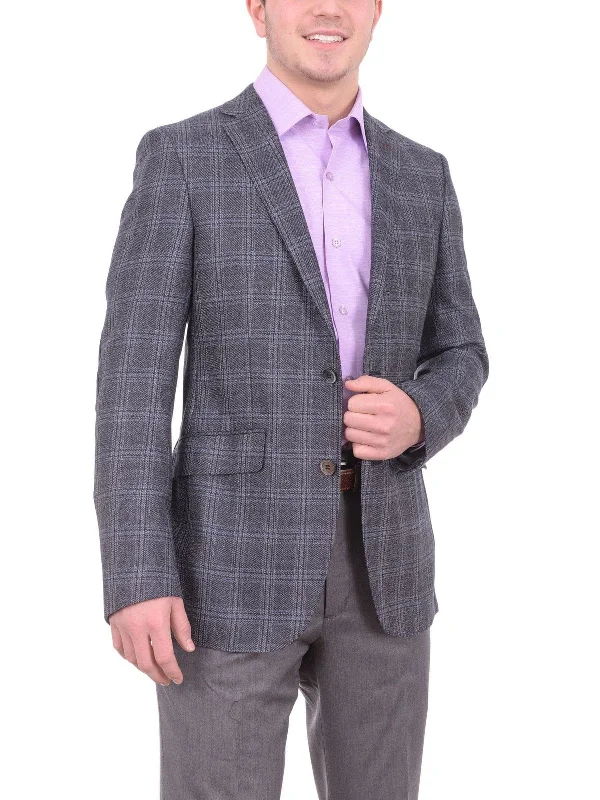 Napoli Slim Fit Blue & Gray Plaid Half Canvassed Silk Wool Blazer Sportcoat