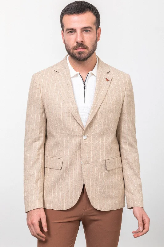 Bojoni Torretta Slim Fit Beige Striped Blazer