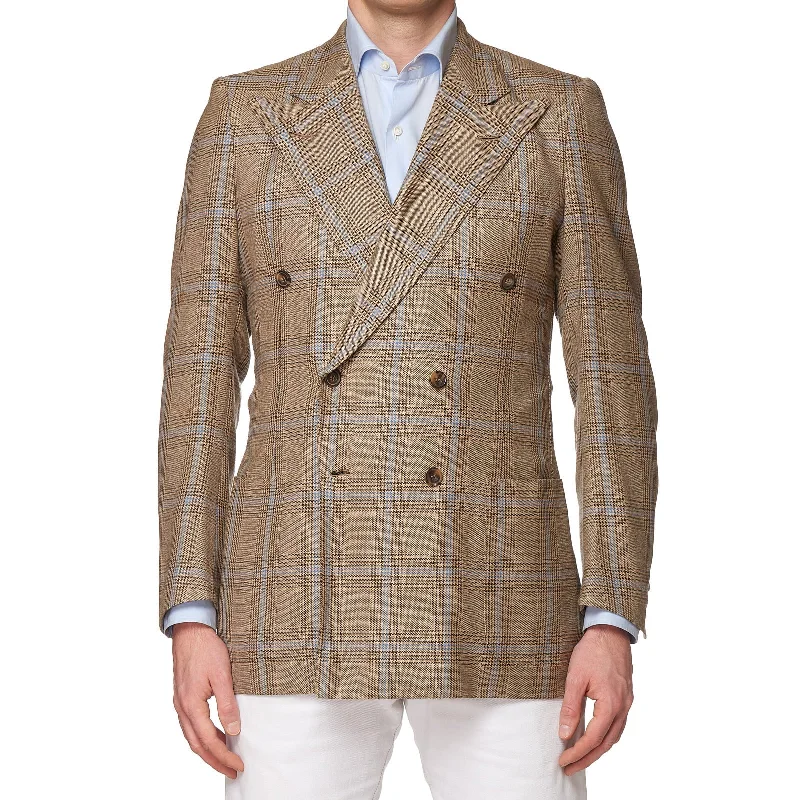 RUBINACCI LH Handmade Bespoke Beige Plaid Wool-Silk-Cashmere DB Jacket EU 50 US 40