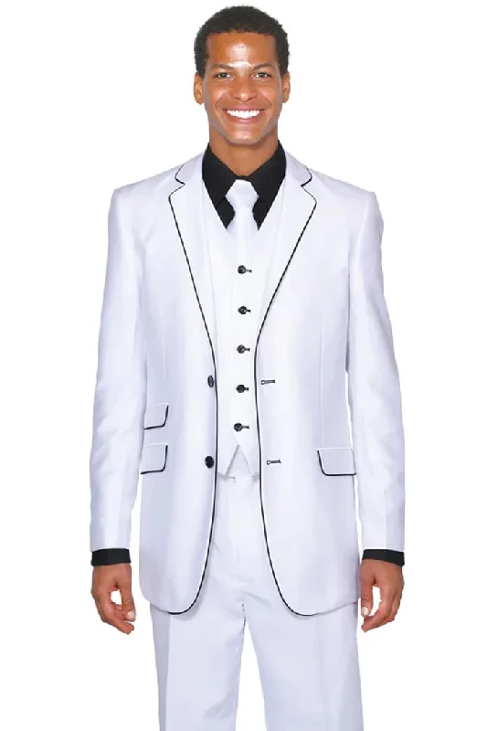 White Wedding Suit For Men - Perfect For Groom - Mens Vested Slim Fit Shiny Sharkskin Tuxedo Suit In White With Black Piping