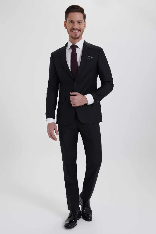 Slim Fit Black Peak Lapel Wool Blend Classic Suit