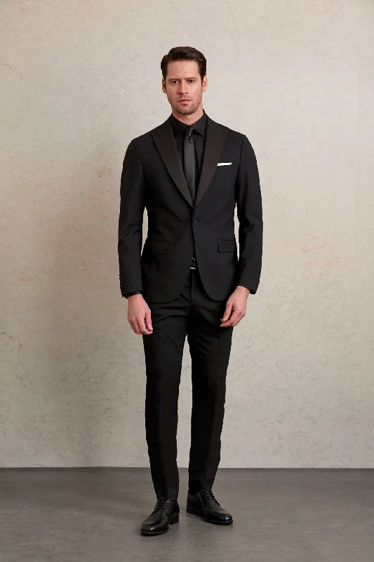 Slim Fit Black Release Peak Lapel Wool Blend Classic Tuxedo