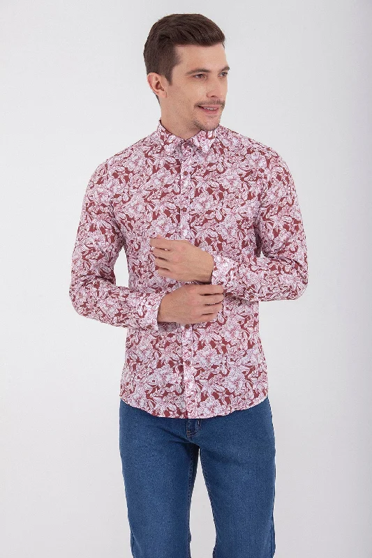 Slim Fit Floral Printed Cotton Burgundy Casual Shirt