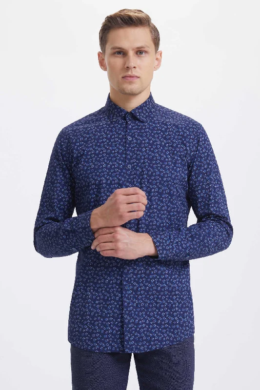 Slim Fit Floral Printed Cotton Navy Casual Shirt