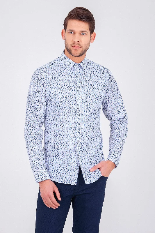 Slim Fit Gray-Blue Printed Cotton Blend Casual Shirt