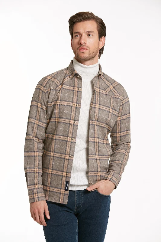 Slim Fit Long Sleeve Checked Cotton Blend Casual Shirt, Beige K.