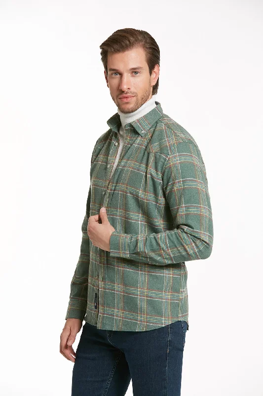 Slim Fit Long Sleeve Checked Cotton Blend Casual Shirt, Green K