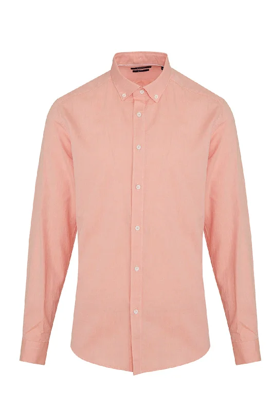 Slim Fit Long Sleeve Cotton Salmon Casual Shirt