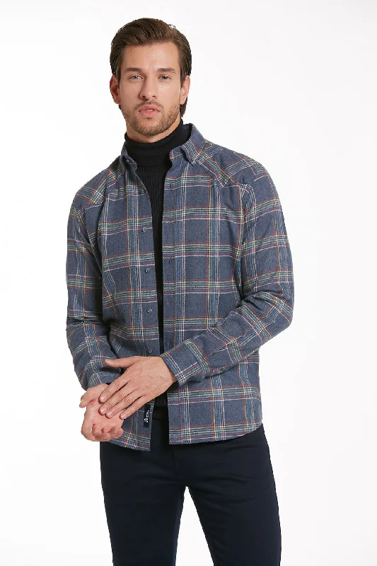 Slim Fit Long Sleeve Plaid Cotton Blend Navy Casual Shirt