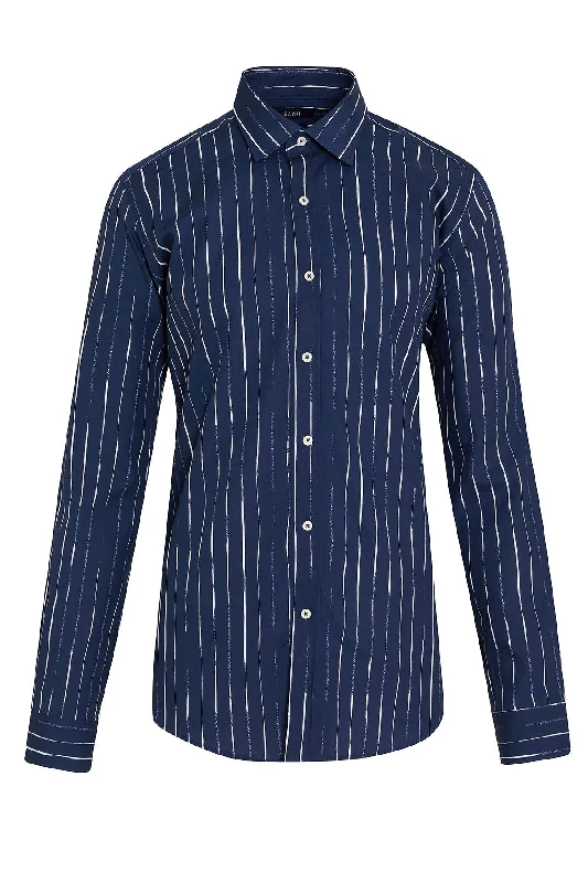 Slim Fit Long Sleeve Printed Cotton Navy Casual Shirt