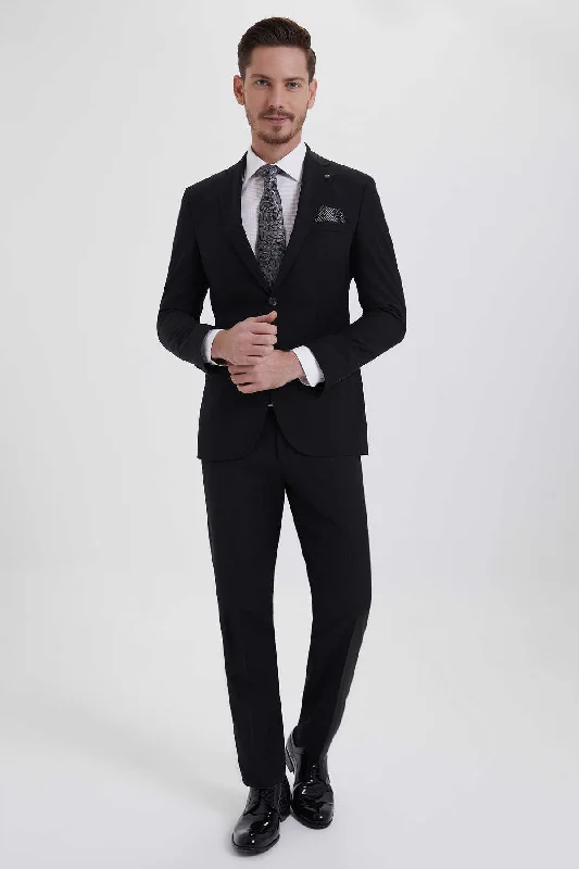 Slim Fit Notch Lapel Black Wool Blend Classic Suit