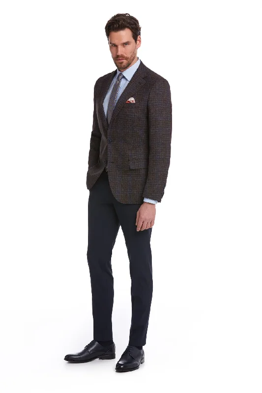 Slim Fit Notch Lapel Plaid Burgundy Casual Suit