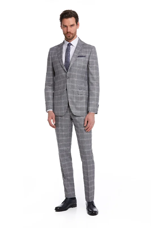 Slim Fit Notch Lapel Plaid Wool Blend Dark Gray Classic Suit