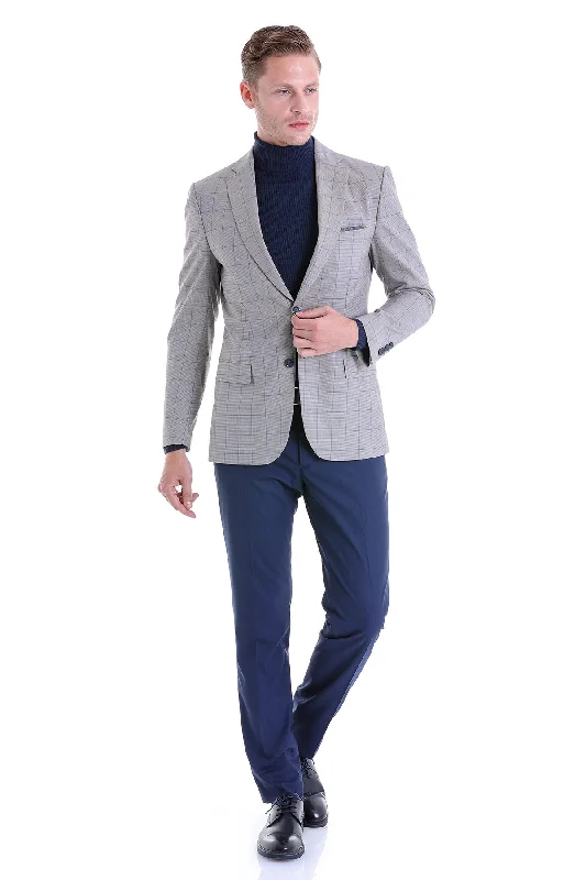 Slim Fit Notch Lapel Plaid Wool Blend Gray Casual Suit