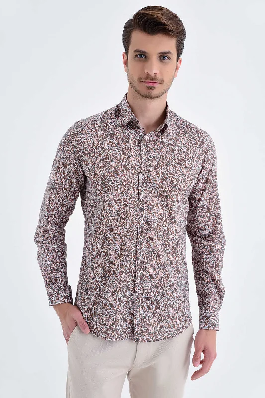 Slim Fit Printed Cotton Brown Casual Shirt