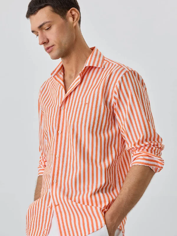 Slim Fit Shirt With Open Collar In BCI Cotton With Stripes