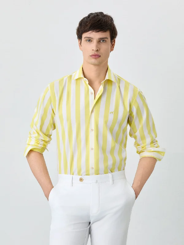 Slim Fit Shirt With Open Collar in BCI Cotton With Stripes